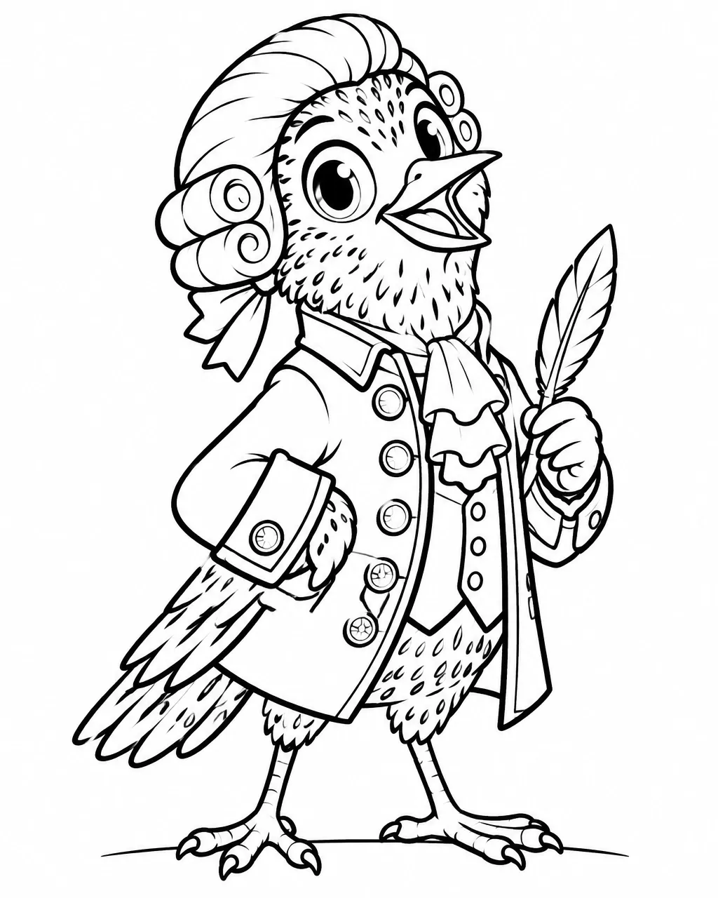 Black-outline coloring page of Aria Starling, a fictional starling in a powdered wig holding a quill
