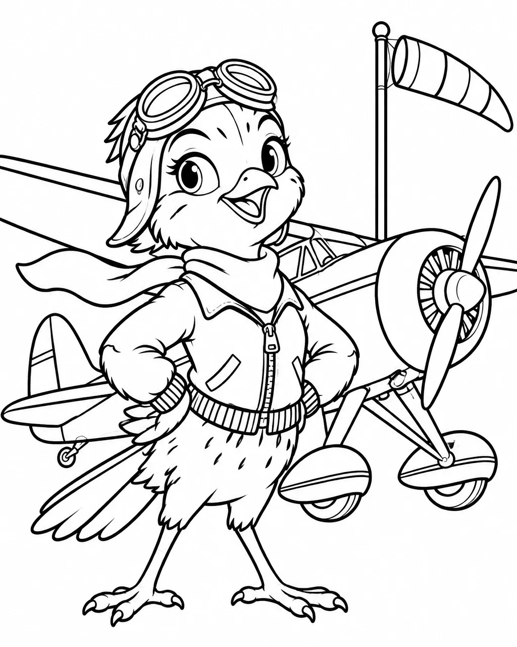 Black-outline coloring page of Aviatrix Lark, a fictional skylark in aviator gear beside a vintage airplane