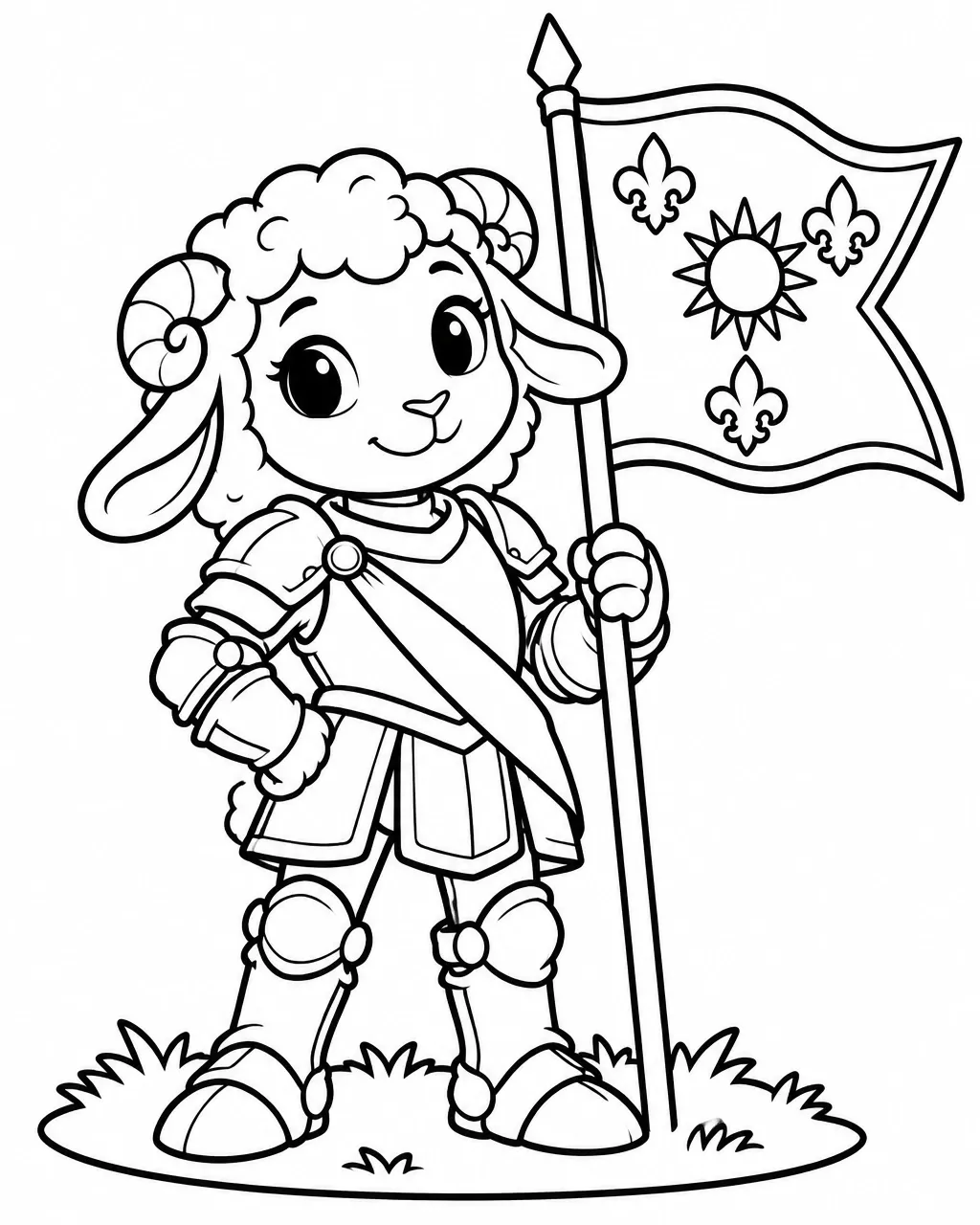 Black-outline coloring page of Jeanne the Lamb, a fictional sheep in armor holding a banner