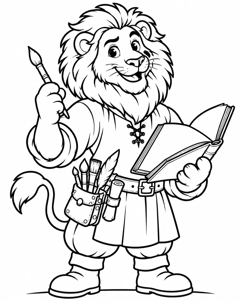 Black-outline coloring page of Maestro Leo the Lion, a fictional lion holding a paintbrush and a sketchbook