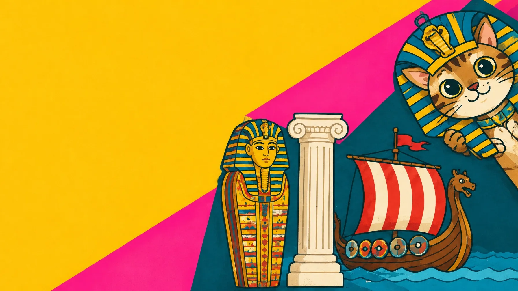 Playful illustrations of CleoCATra, a sarcophagus, a Greek column, and a Viking ship