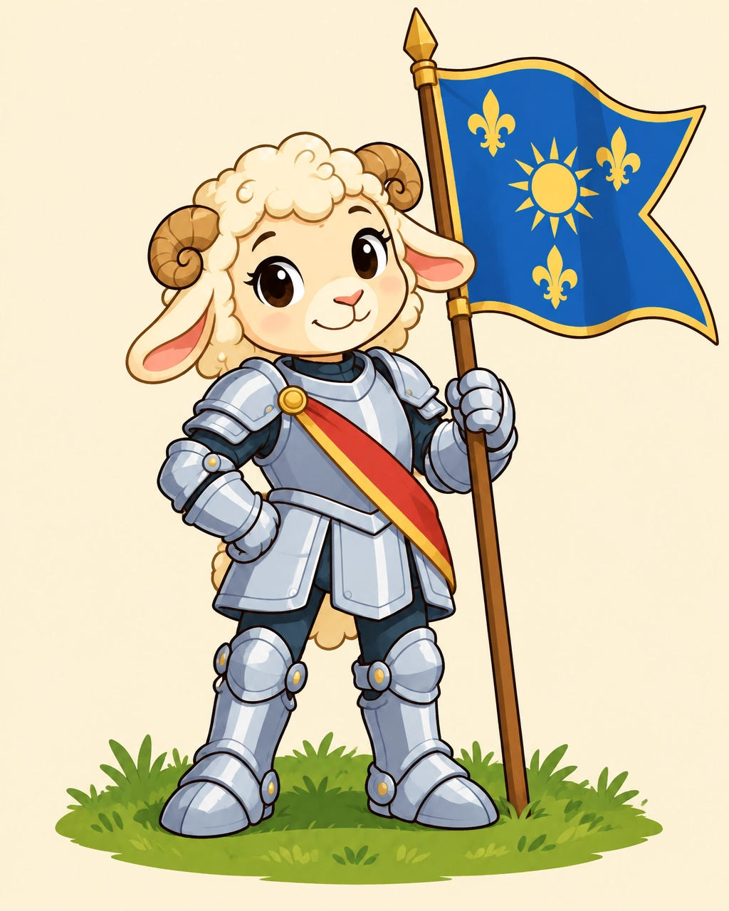 Jeanne the Lamb, a fictional sheep in armor holding a banner
