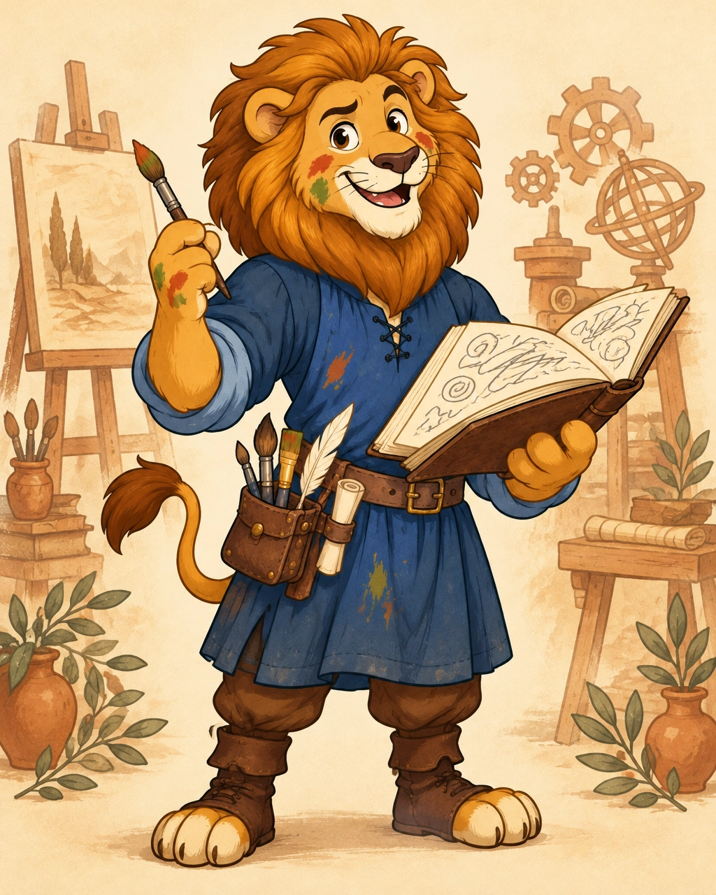 Maestro Leo the Lion, a fictional lion with a paintbrush and a sketchbook