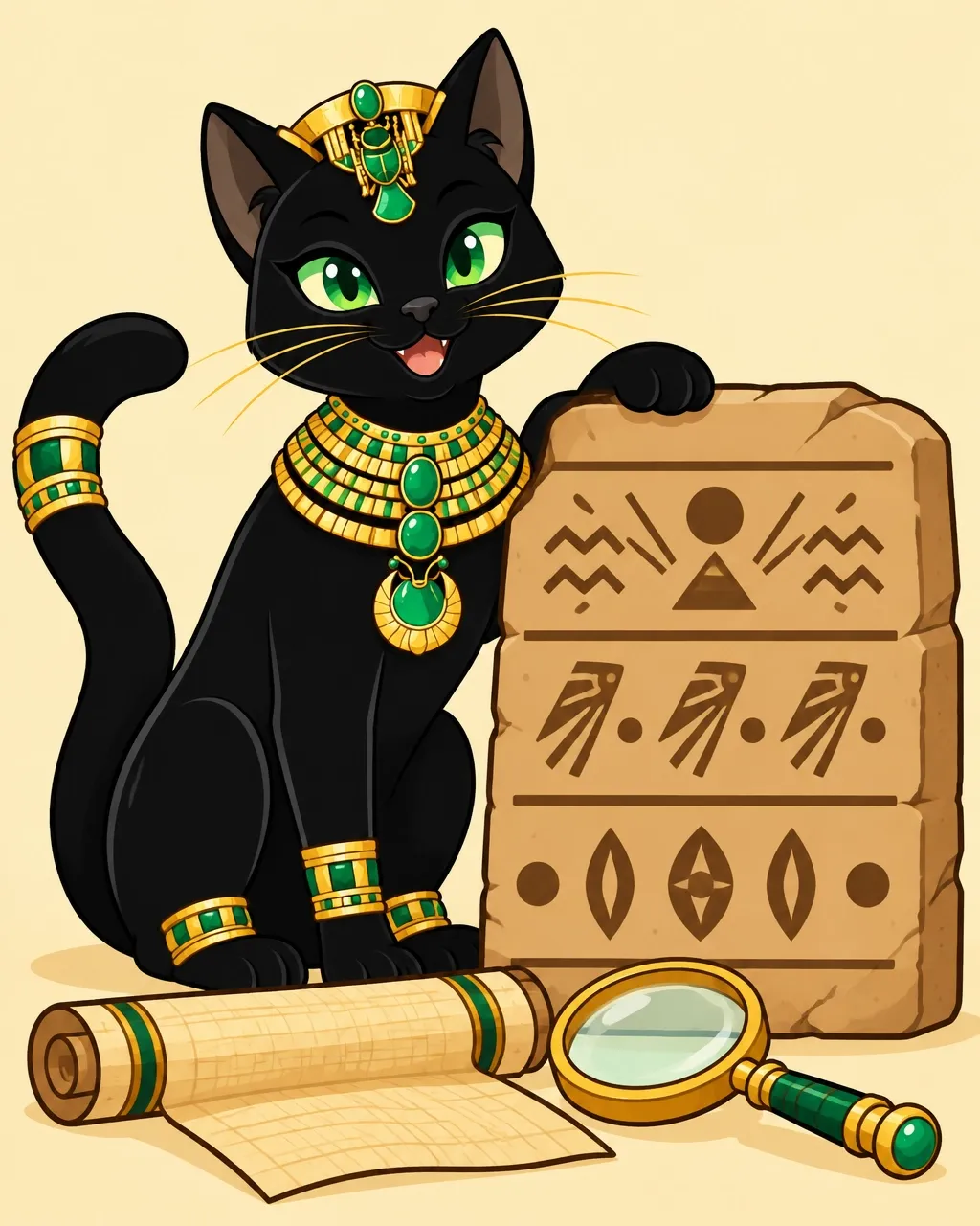 CleoCATra, a fictional black cat, beside a stone with carved symbols and a magnifying glass