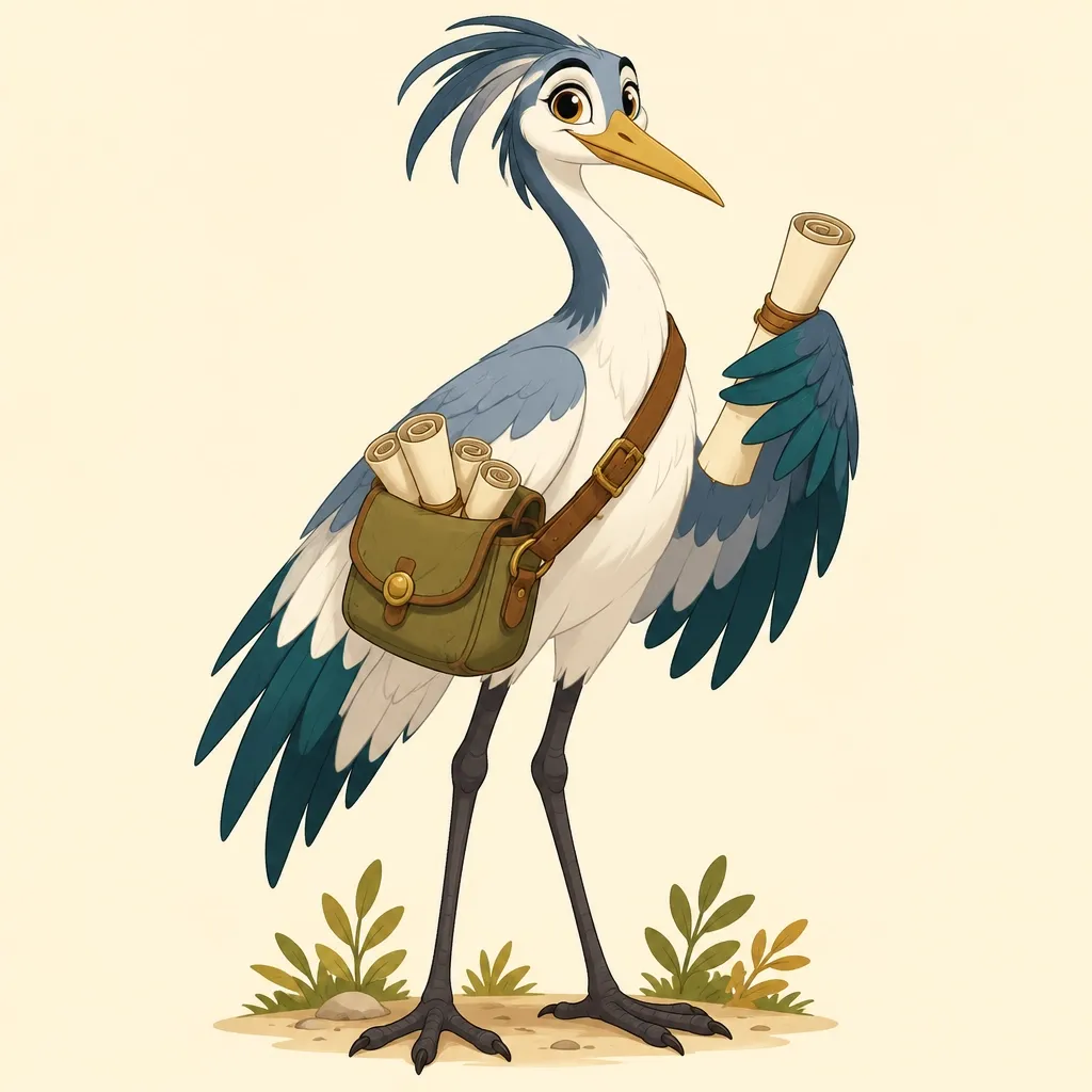 Inky Ibis, a fictional messenger bird carrying scrolls