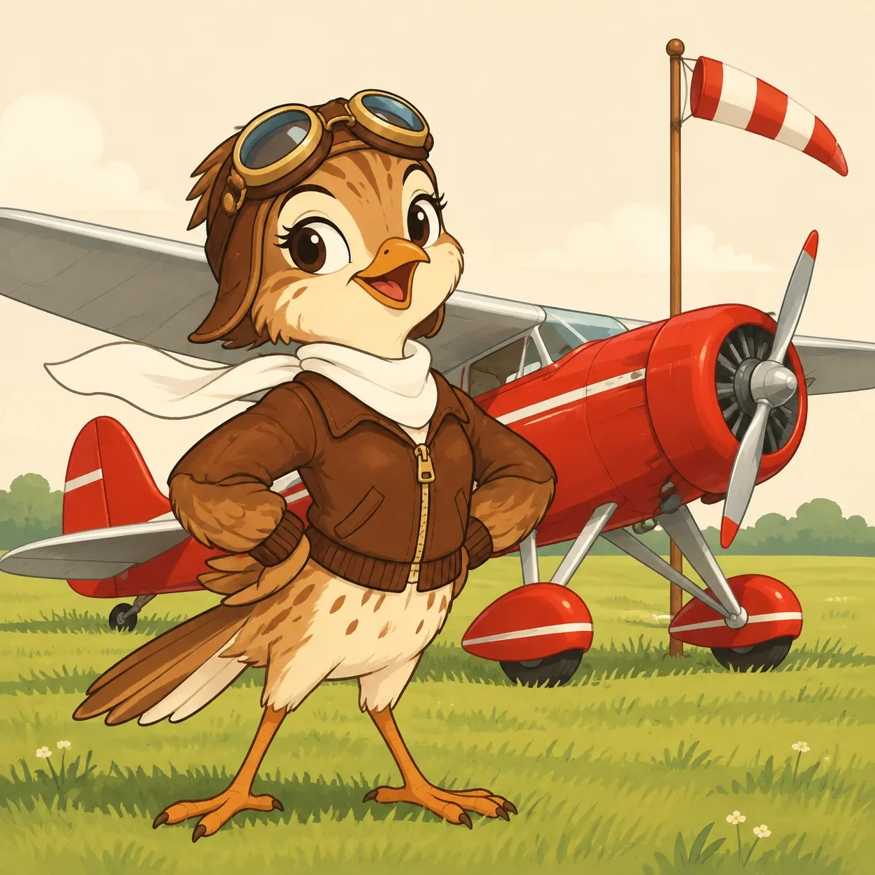 Aviatrix Lark, a fictional skylark in aviator gear, in front of a vintage plane