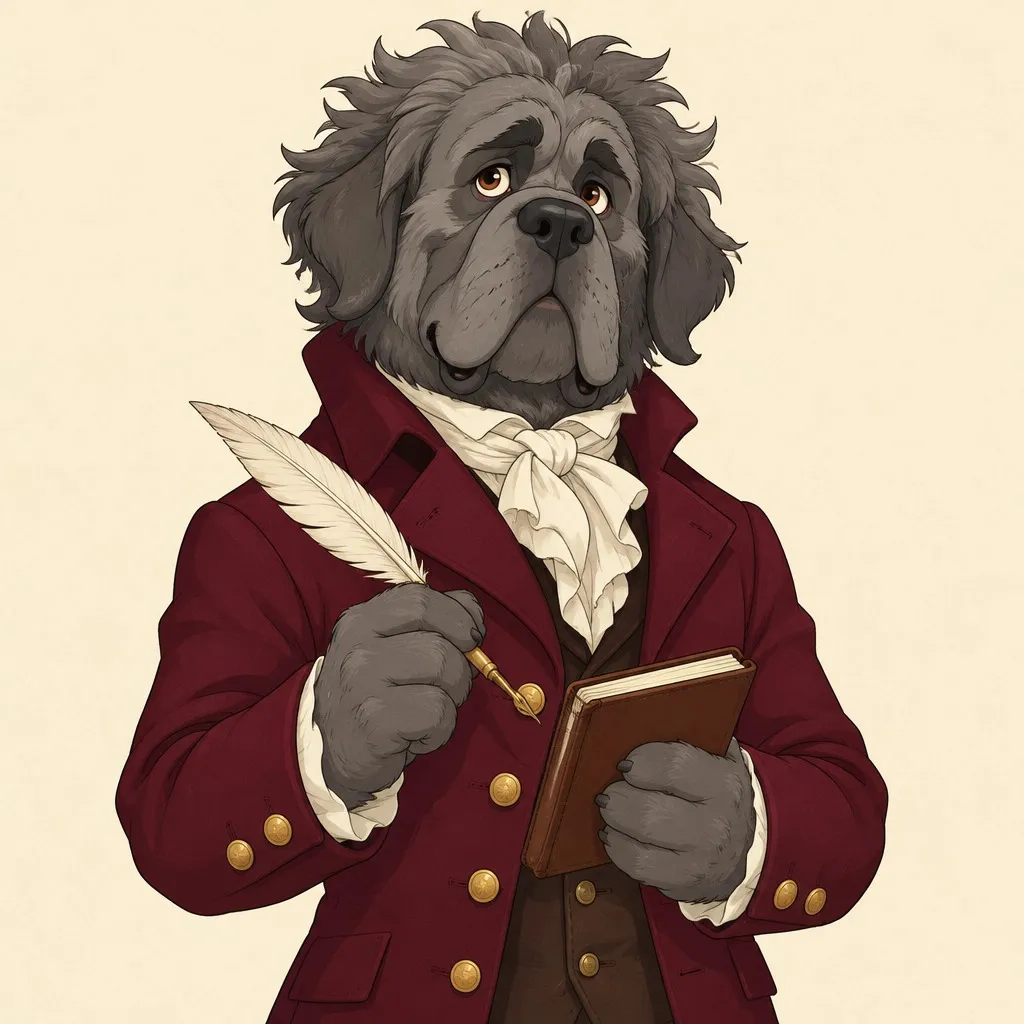Maestro Mastiff, a fictional dog composer holding a journal