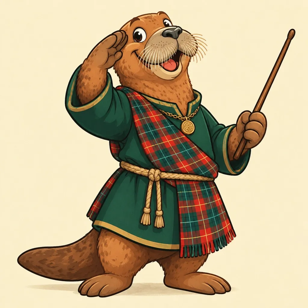 Morry Otter, a fictional otter in Scottish dress, saluting with a pointer