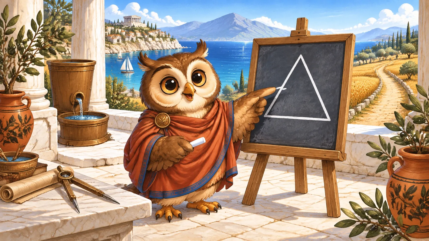 Owliver Checkwise, a fictional owl teacher drawing a triangle on a chalkboard