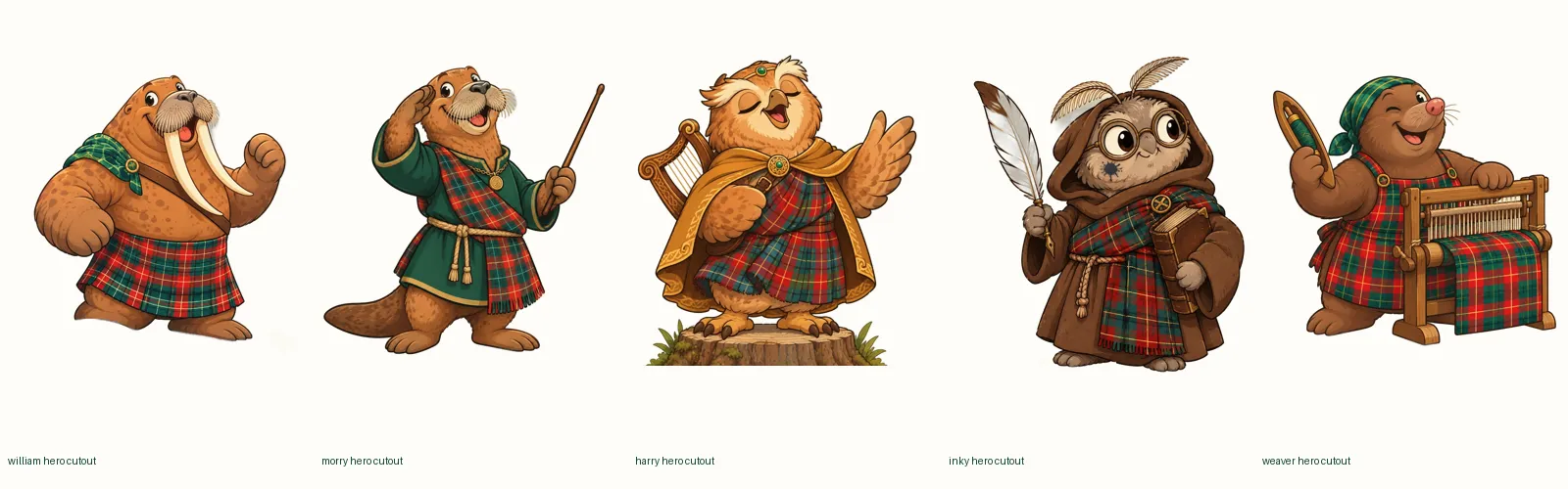 The fictional Scotland cast: a walrus, an otter, two owls and a mole in tartan