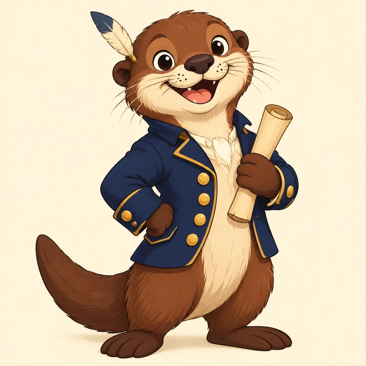 Tally Otter, a fictional otter in a colonial coat, holding a scroll