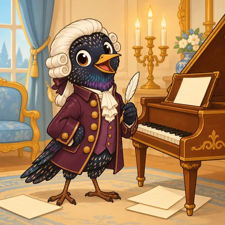 Aria Starling, a fictional starling in a powdered wig, by a keyboard