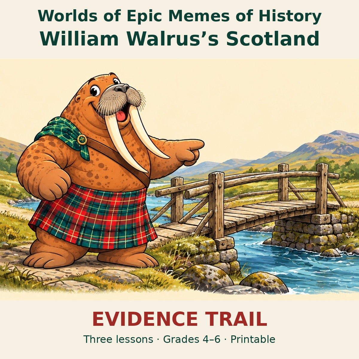 William Walrus, a fictional guide in a Scottish landscape